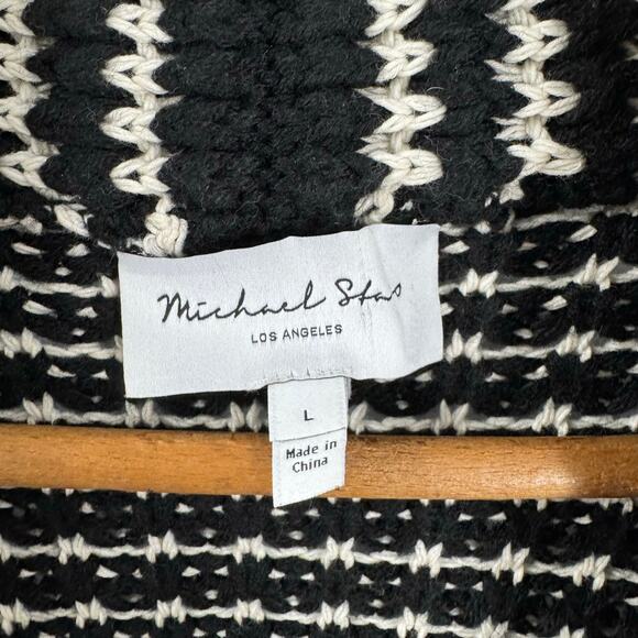 Michael Stars Chunky Cardigan Sweater L Black Cream Open Preppy Cozy Coastal - Picture 7 of 8